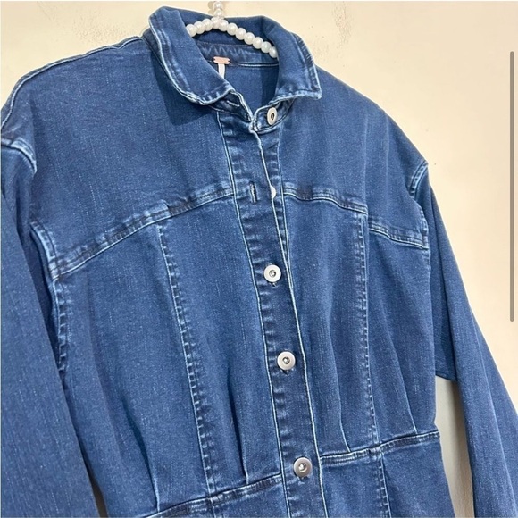 Free People Amber Stretch Denim Blue Long Sleeve Country Western Mini Dress SZ 4 - Picture 3 of 8
